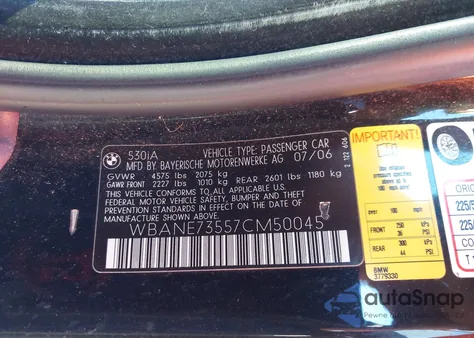 2007 BMW 530I z USA, uszkodzony, nr VIN WBANE73557CM50045